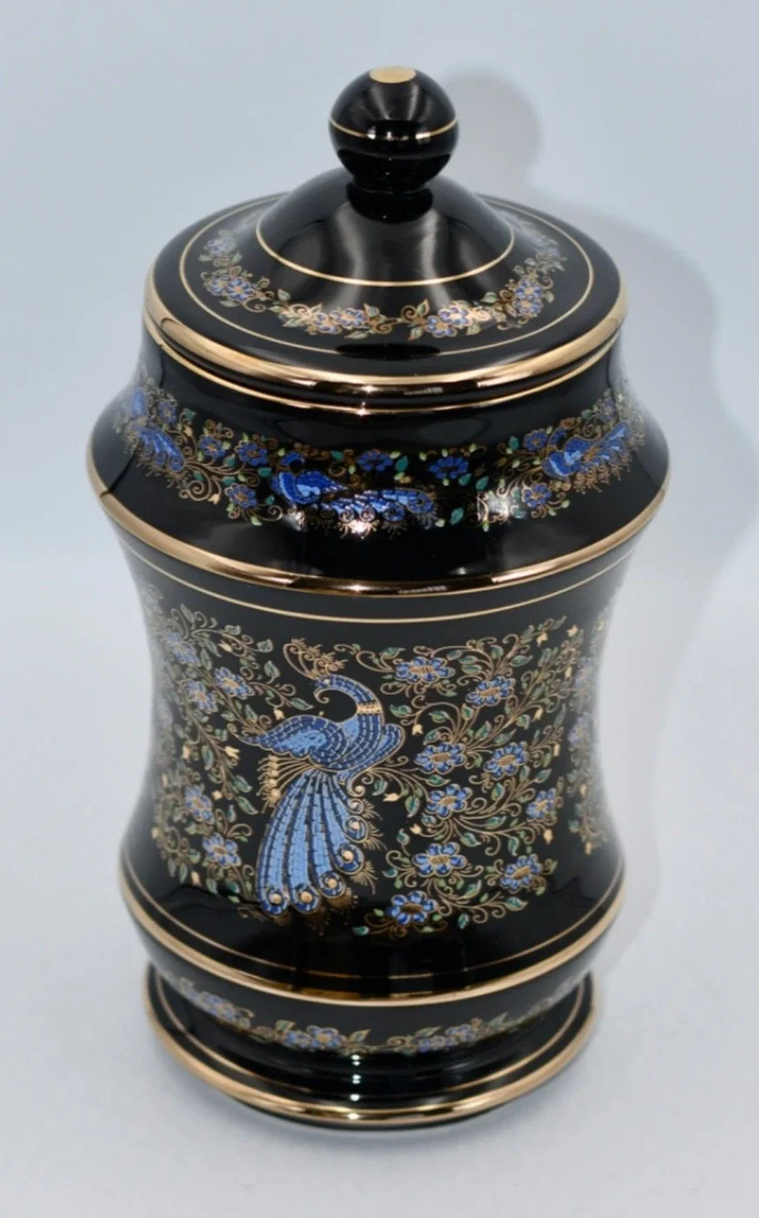 Anapale Greece Back Lidded Canister Jar 24k Gilded Hand Painted Peacock Birds